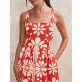 Ro&Zo Raya Square-Neck Cotton Dress In Red Floral-Print