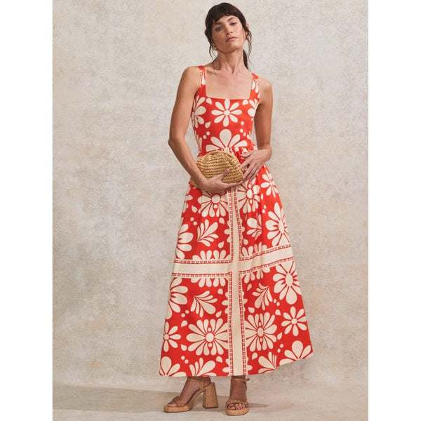 Ro&Zo Raya Square-Neck Cotton Dress In Red Floral-Print