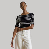 Lauren Ralph Lauren Striped Stretch Cotton Boatneck T-Shirt In Black/white