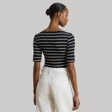 Lauren Ralph Lauren Striped Stretch Cotton Boatneck T-Shirt In Black/white