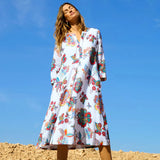 Sahara Botanical Linen Flare Dress in White Multi