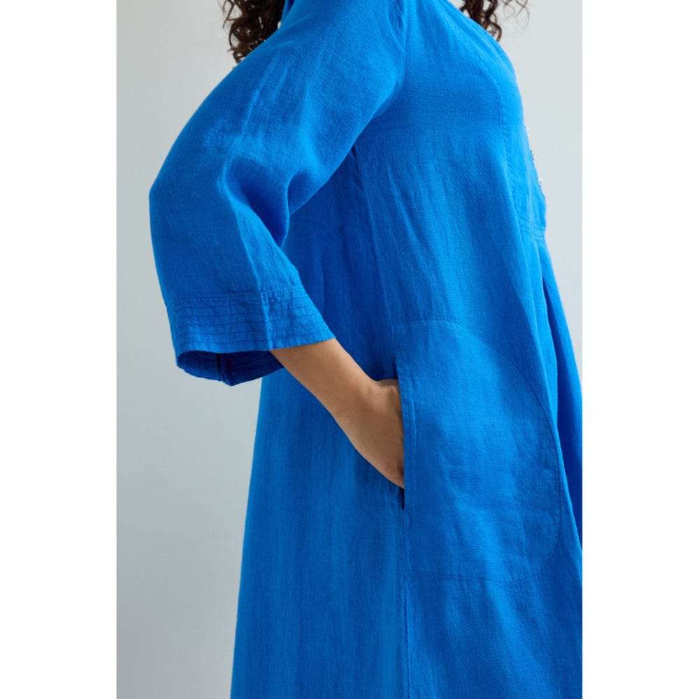 Sahara Linen Button Placket Dress in Sapphire