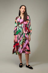 Sahara Textured Viscose Floral Collage Print Dress In Pink Multi