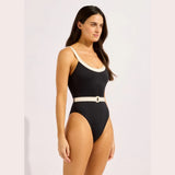 Seafolly Bandwave Belted Tank One Piece Swimsuit In Black