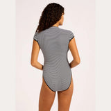 Seafolly Clubhouse Cap Sleeve Zip Front One Piece Swimsuit In True Navy