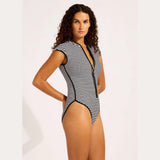 Seafolly Clubhouse Cap Sleeve Zip Front One Piece Swimsuit In True Navy