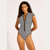 Seafolly Clubhouse Cap Sleeve Zip Front One Piece Swimsuit In True Navy