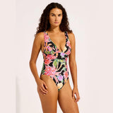 Seafolly Hothouse Flowers V Neck One Piece Swimsuit In Black