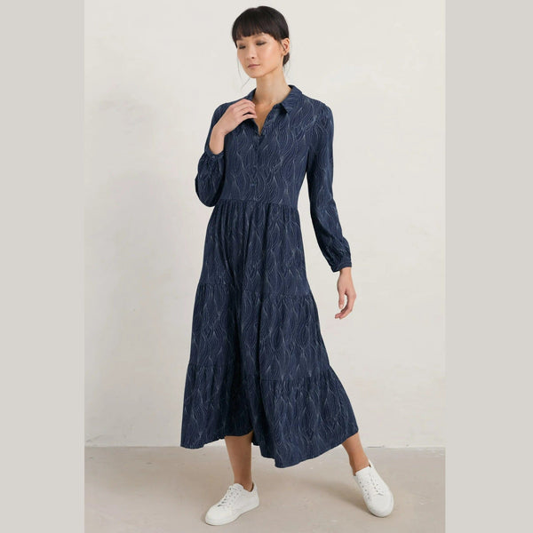 Seasalt Windflower Tiered Jersey Dress Tide Stitch Quay Navy
