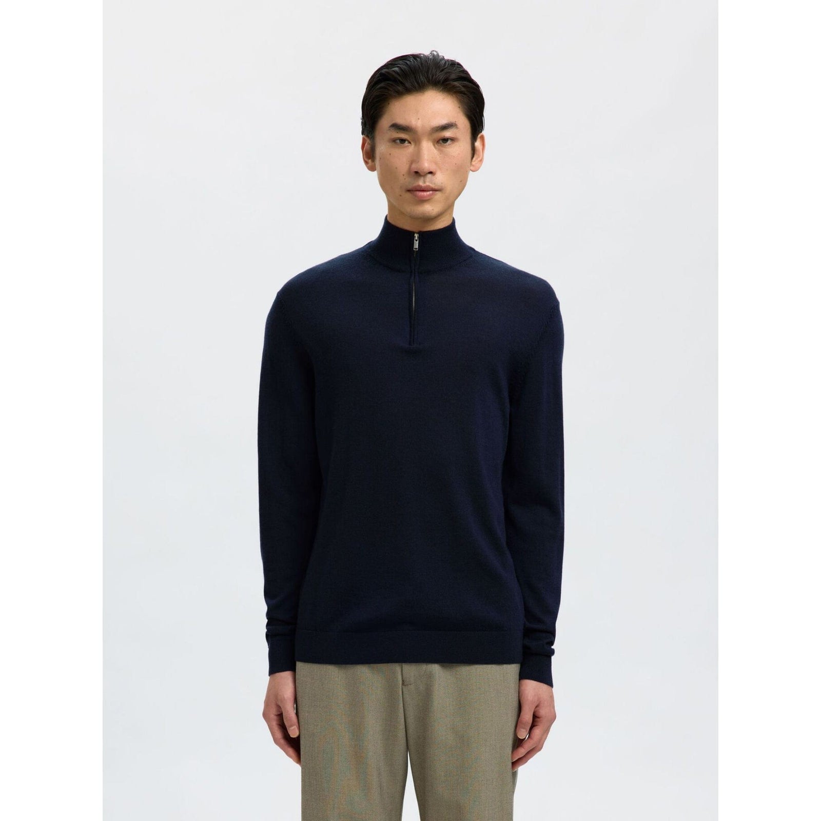 Selected 100% Merino Wool Half-Zip Jumper In Navy Blazer
