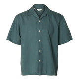 Selected Linen Blend Short Sleeve Resort Shirt In Balsam Green