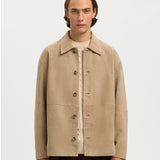 Selected Suede Overshirt In White Pepper