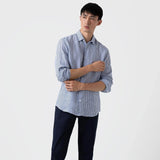 Sunspel Linen Long Sleeve Shirt Navy/White Stripe