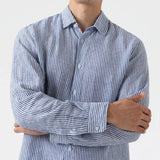 Sunspel Linen Long Sleeve Shirt Navy/White Stripe