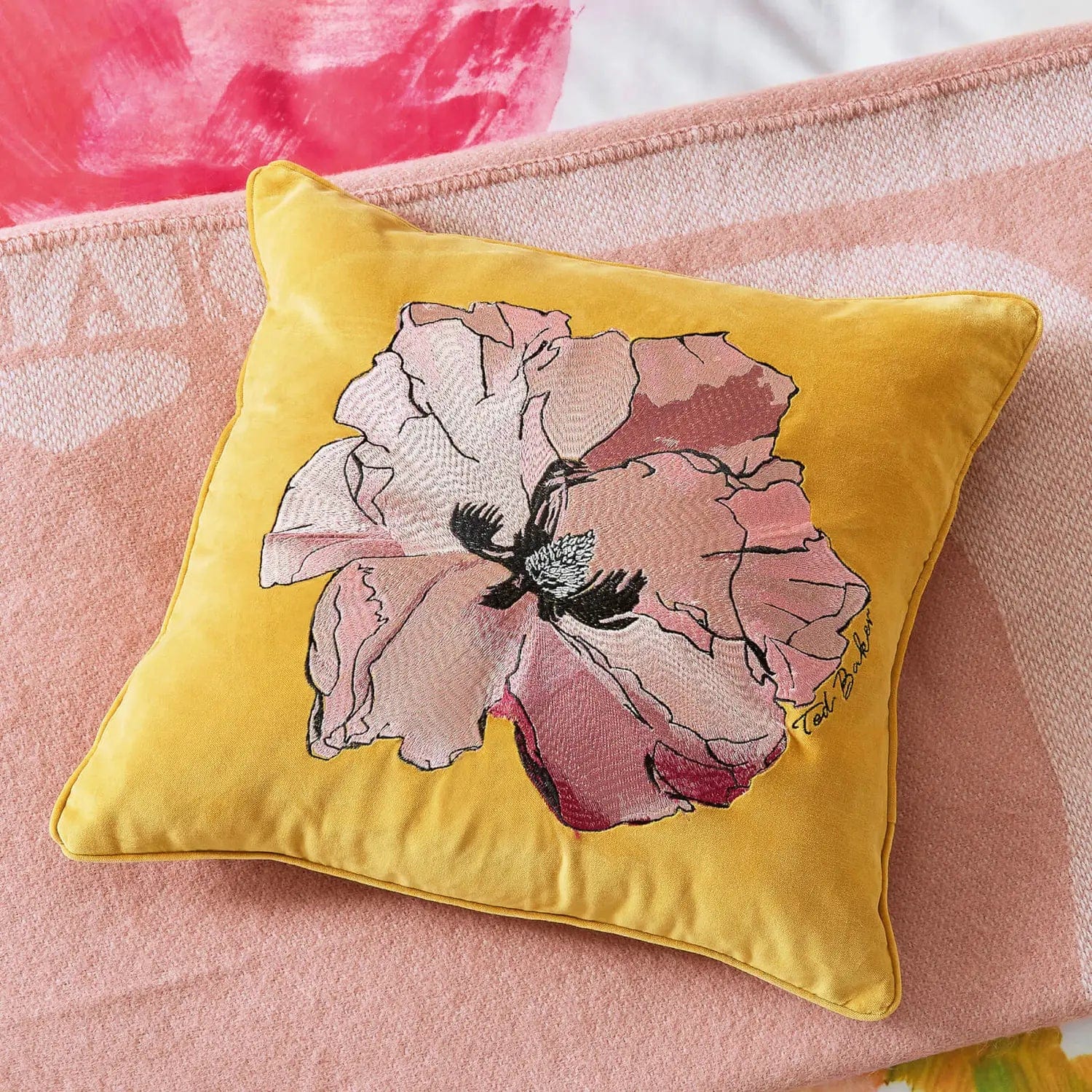 Ted Baker Art Floral Cotton Velvet Cushion in Gold 45x45cm
