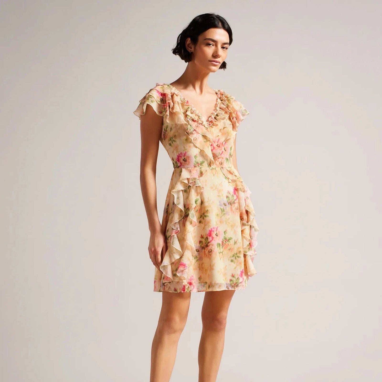 white christmas dresses Ted Baker Ammiah Frilled Floral V Neck Mini Dress