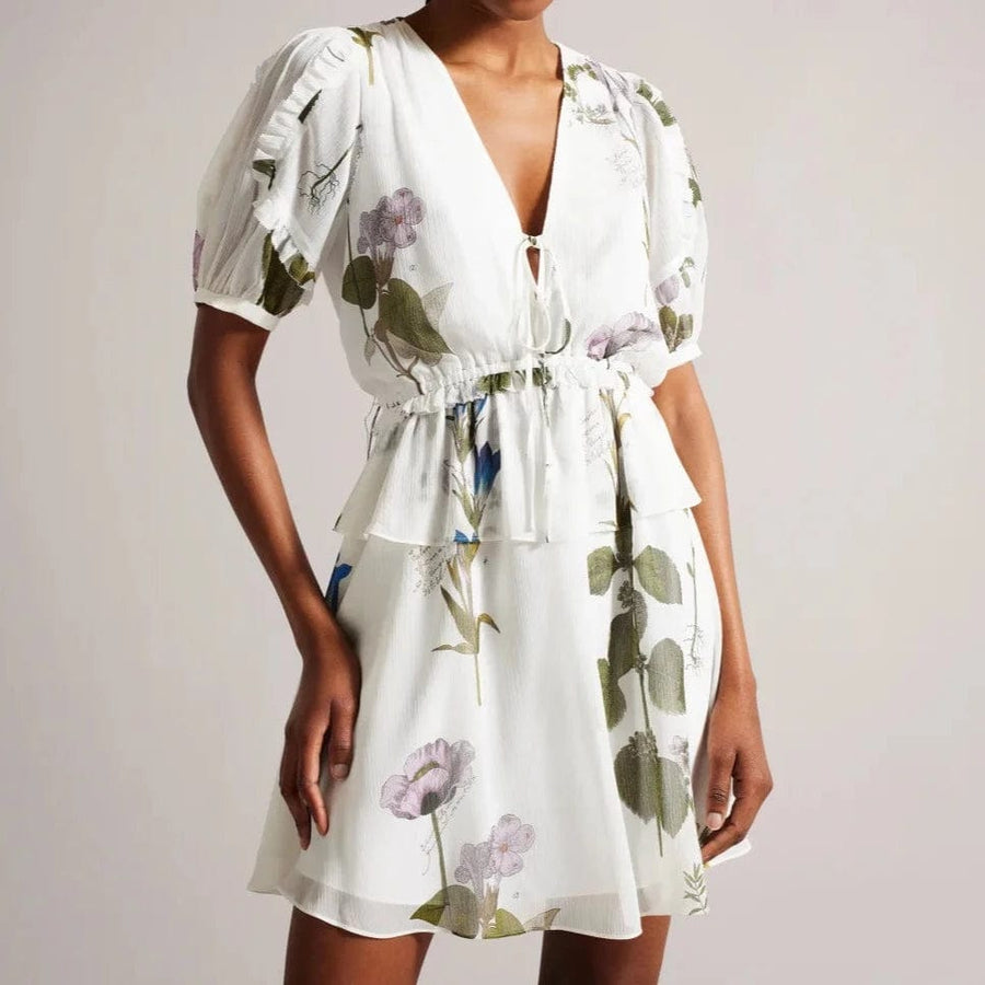 strapless open back dress Ted Baker Jaliyaa V Neck Peplum Waist Mini Dress
