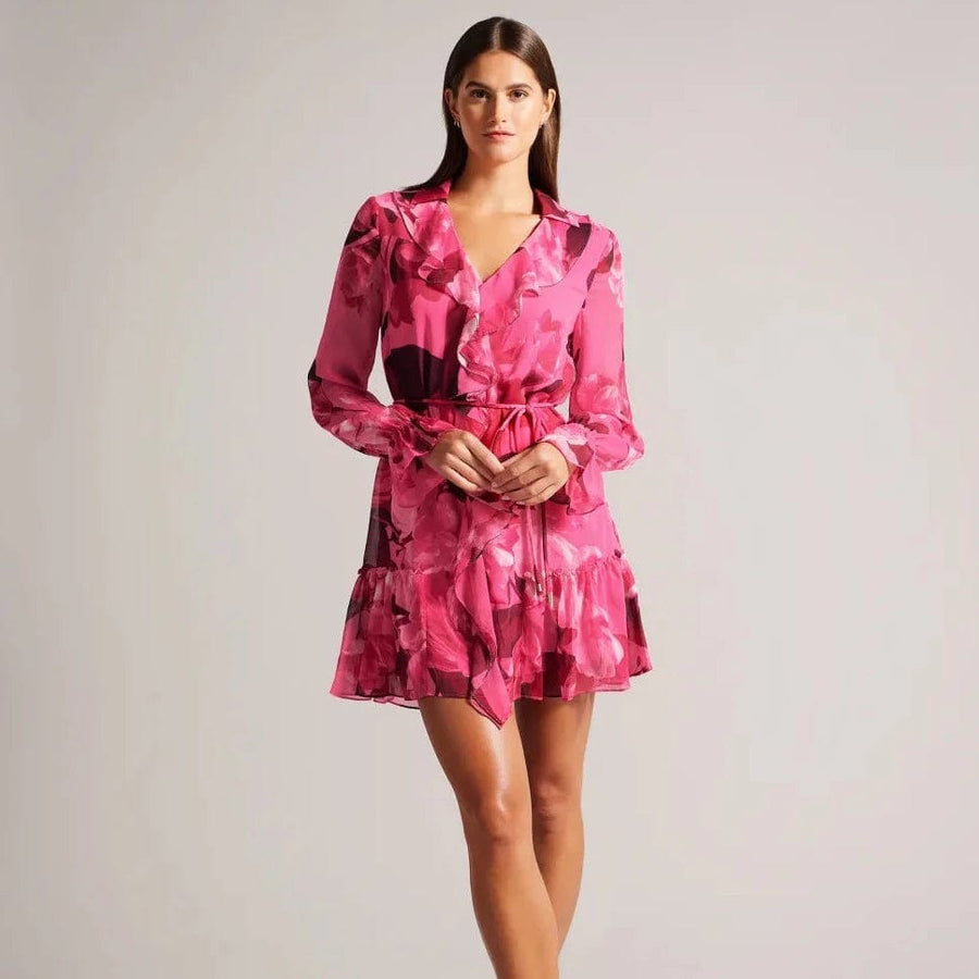 Ted Baker Jjojjo Floral Ruffled Mini Dress in Pink Ted Baker Jjojjo Floral Ruffled Mini Dress in Pink
