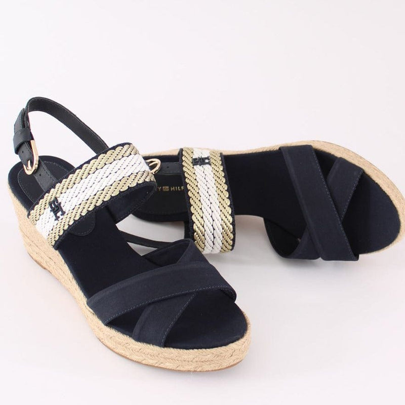 Tommy Hilfiger Golden Webbing Mid Wedge Sandals in Space Blue Navy