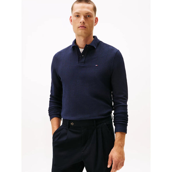 Tommy Hilfiger Herringbone Jacquard Long Sleeve Polo Shirt In Navy Blue
