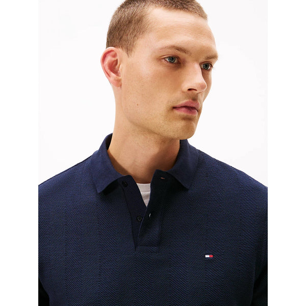 Tommy Hilfiger Herringbone Jacquard Long Sleeve Polo Shirt In Navy Blue