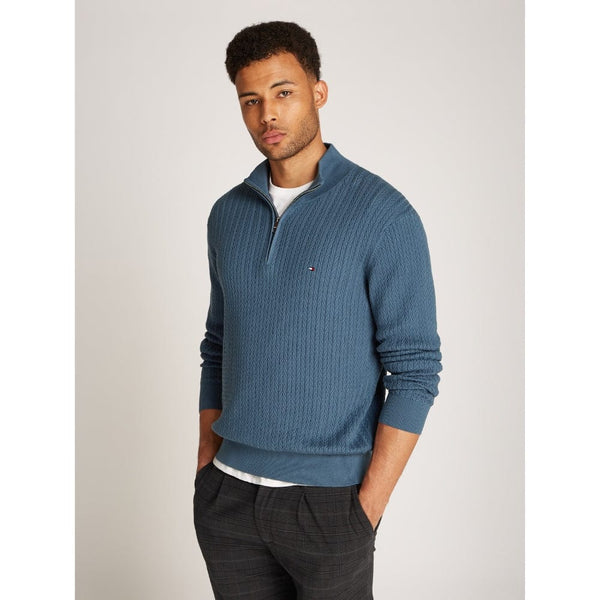 Tommy Hilfiger Herringbone Structure Zip Mock In Aegean Sea