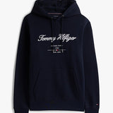 Tommy Hilfiger Logo Embroidery Fleece Hoody In Navy Blue