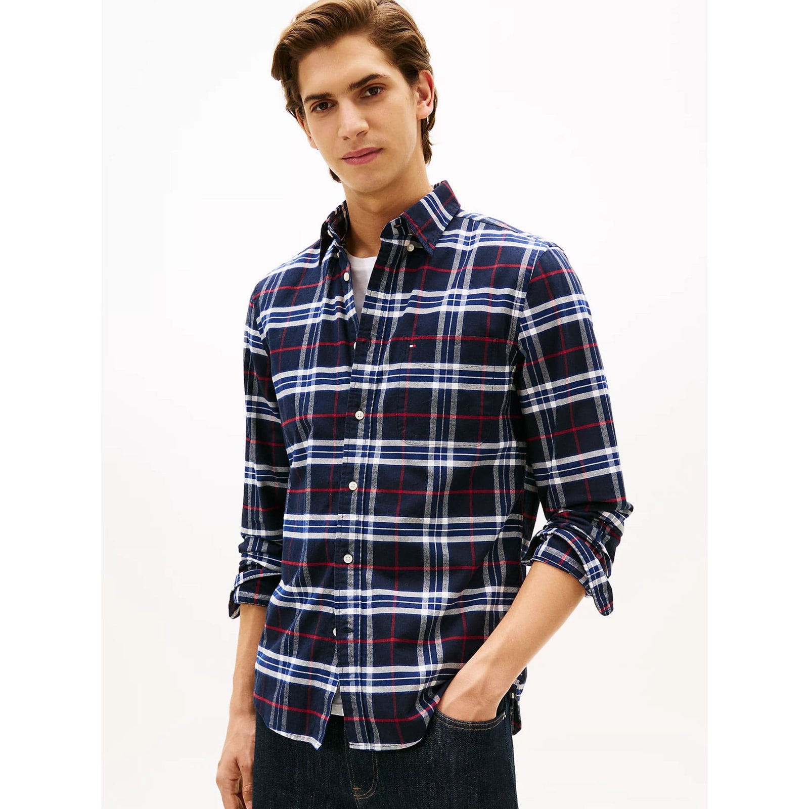Tommy Hilfiger Regular Fit Brushed Oxford Check Shirt In Navy Blue Tommy Hilfiger Regular Fit Brushed Oxford Check Shirt In Navy Blue