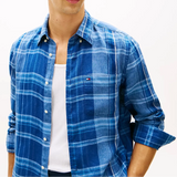 Tommy Hilfiger Regular Fit Madras Check Pure Linen Shirt in risk blue/check