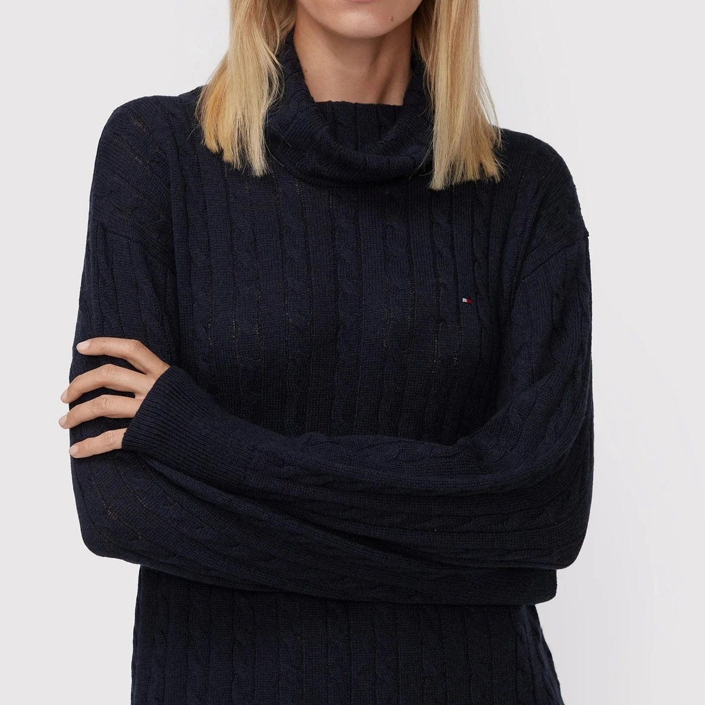 open lace back dress Tommy Hilfiger Relaxed Cable-Knit Wool Roll Neck Navy Dress