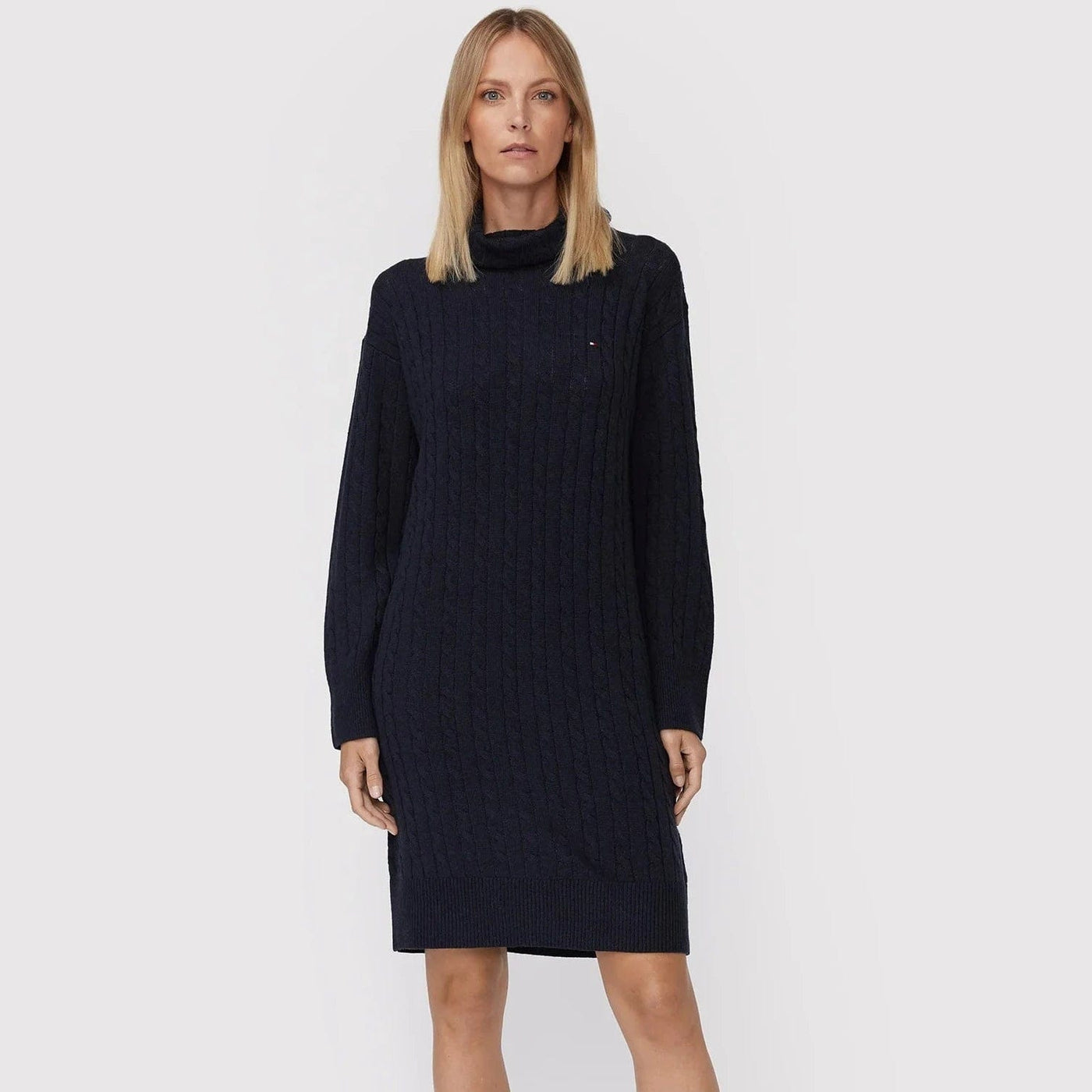 Tommy Hilfiger Relaxed Cable-Knit Wool Roll Neck Navy Dress
