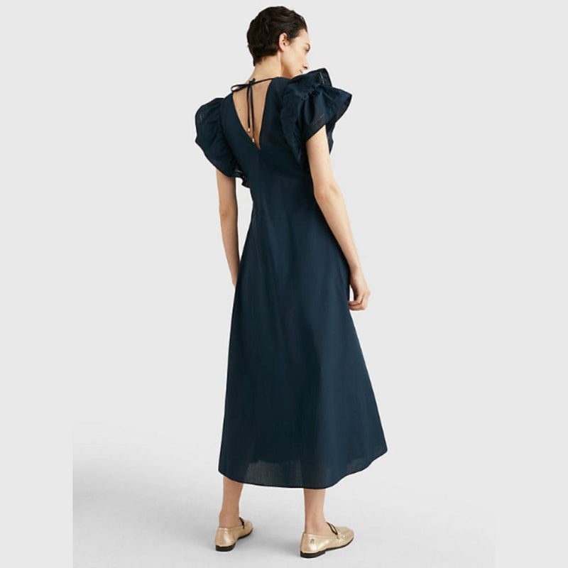 Tommy Hilfiger Ruffled Sateen Maxi Dress In Navy
