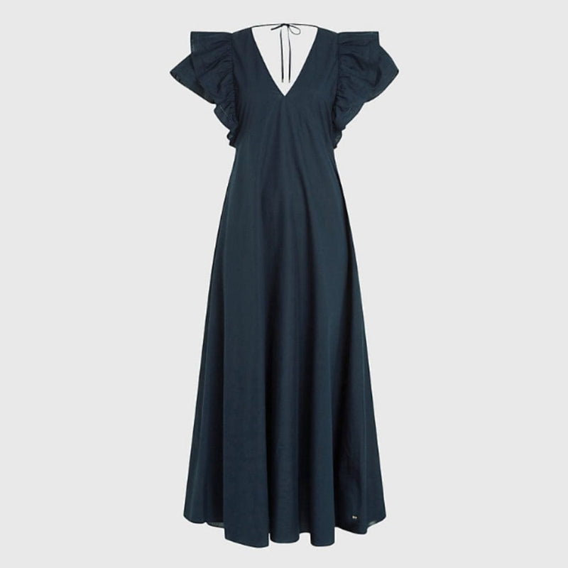 Tommy Hilfiger Ruffled Sateen Maxi Dress In Navy