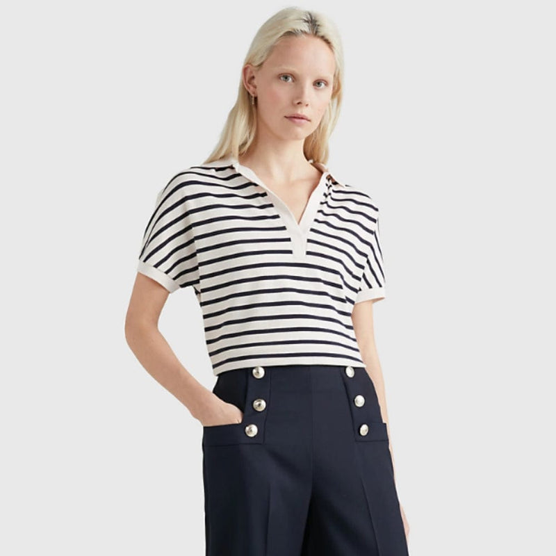 Tommy Hilfiger Stripe Relaxed Fit Polo In White/Desert Sky