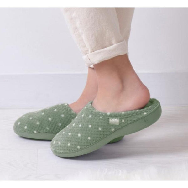 Totes Isotoner® Ladies Popcorn Terry Mule Slippers In Sage Green Spot