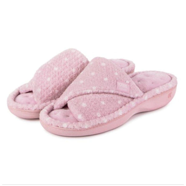 Totes Isotoner® Ladies Popcorn Turnover Open Toe Slippers In Pink Spot