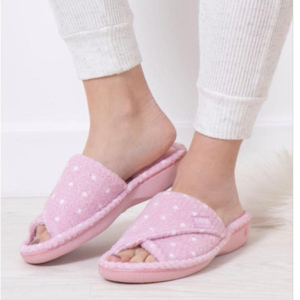 Totes Isotoner® Ladies Popcorn Turnover Open Toe Slippers In Pink Spot