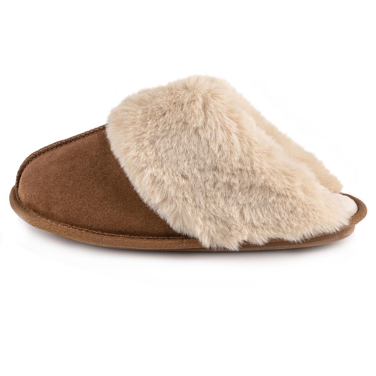 Totes Isotoner Ladies Real Suede Mule with Faux Fur Cuff in Tan