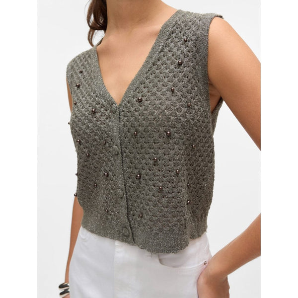 Vero Moda VMAMALFI SHINE SL V-NECK SHORT VEST In Taupe