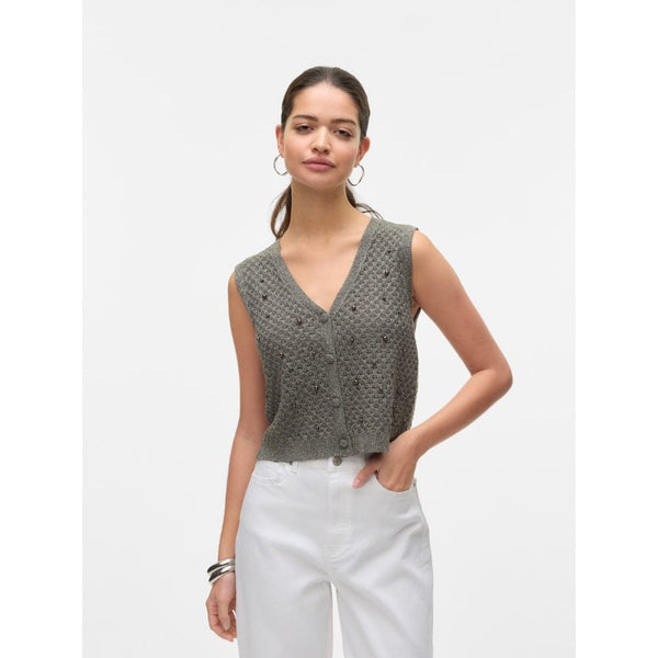 Vero Moda VMAMALFI SHINE SL V-NECK SHORT VEST In Taupe
