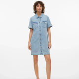 Vero Moda VMJENNIE Short Dress In Light Blue Denim