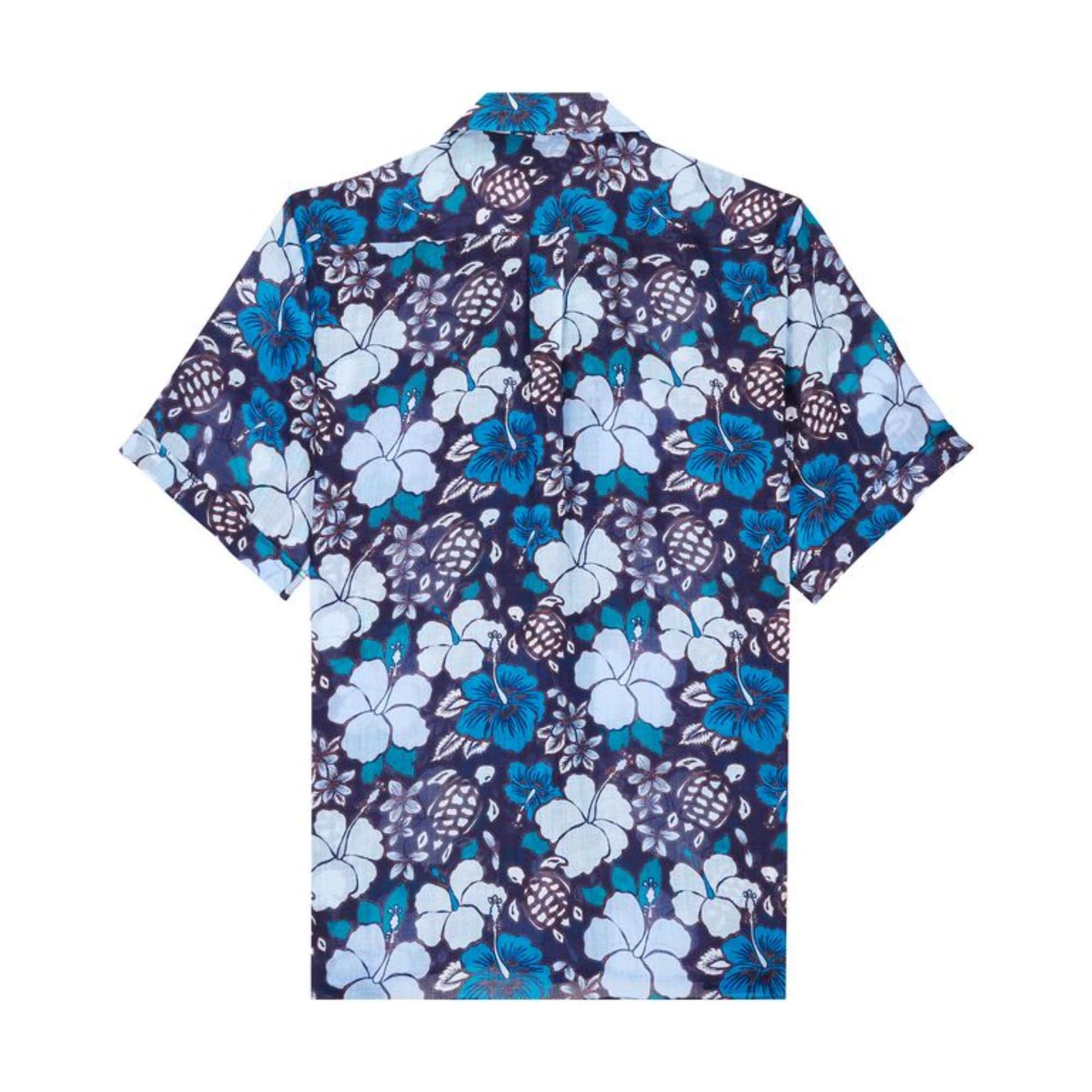 Vilebrequin Men Bowling Linen Shirt Tropical Turtles in Blue