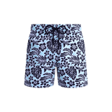 Vilebrequin Men Stretch Short Swim Trunks Jungle Leaves In Blue