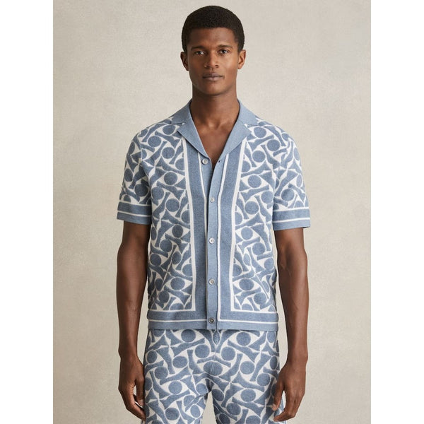 Reiss Edmonds Abstract Pattern Towelling Shirt In Soft Blue/White