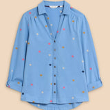 White Stuff Annie Jersey Embroidered Shirt in Blue Multi
