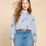 White Stuff Sophie Embroidered Shirt in Blue Multi