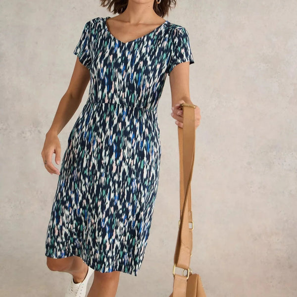 White Stuff Tallie V Neck Jersey Dress in Navy Multi