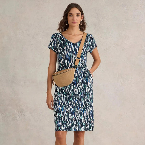 White Stuff Tallie V Neck Jersey Dress in Navy Multi