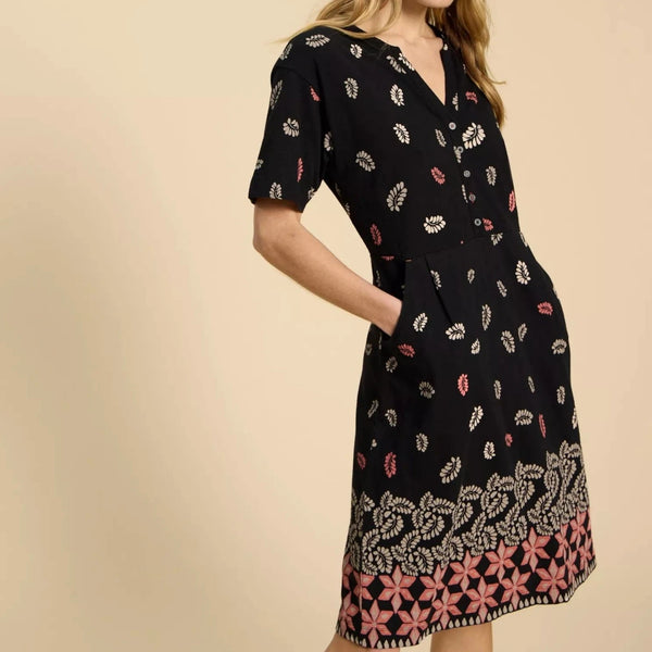 White Stuff Tammy Cotton Printed Jersey Dress in Black Print