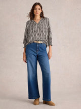 White Stuff Elisa V-Neck Top in Black Print